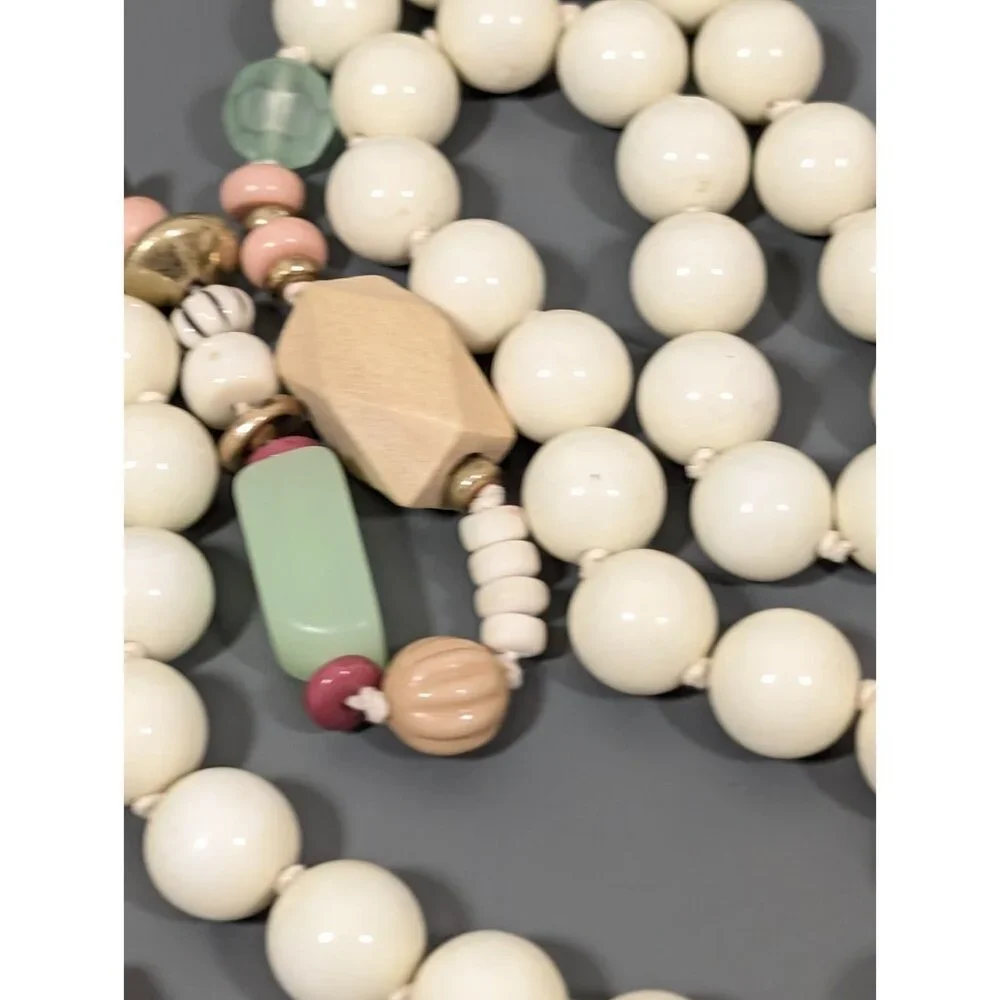 Plunder Boho Beaded Tassel‎ ID Badge Holder Cream Green Long Necklace 38 in